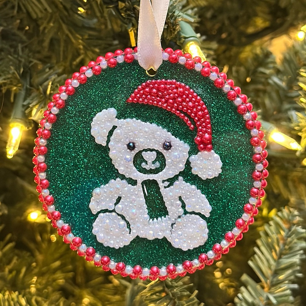 Festive Bear Ornament with Santa Hat